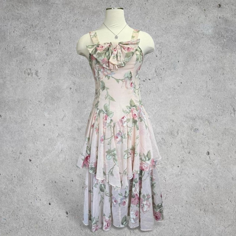 Vintage Blush Pink Floral Ruffled, Tiered Midi Dress with Bow Tie on Neck- S/M